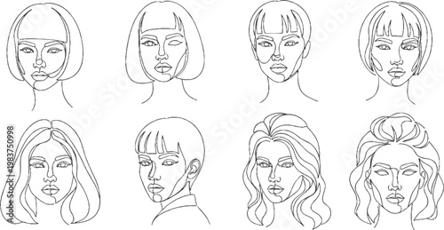 woman, face, portrait, line art, minimalist, vector, illustration, set, collection, beauty, female, girl, modern, continuous line, simple, aesthetic, hair, bob cut, bangs, artistic, hand-drawn, doodle