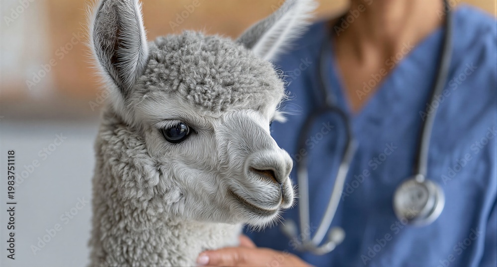 Obraz premium Veterinarian examining a fluffy alpaca in a clinic. Professional animal healthcare and medical checkup. Close up of grey alpaca wool
