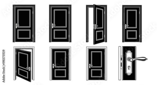 A set of vector graphic door illustrations in various open and closed positions