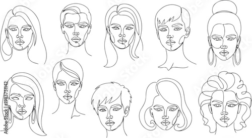 woman, face, portrait, line art, minimalist, vector, illustration, set, collection, beauty, female, girl, modern, continuous line, simple, aesthetic, hair, bob cut, bangs, artistic, hand-drawn, doodle
