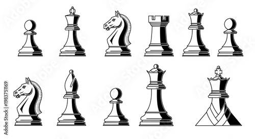 A set of chess pieces in a flat, minimalist design style