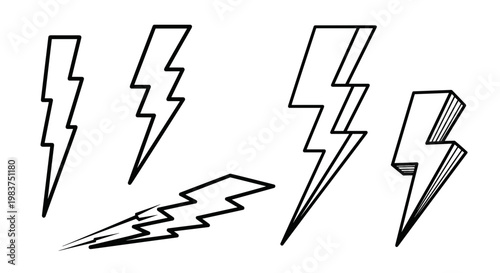A set of five black and white lightning bolt icons in various designs and orientations
