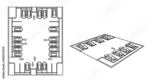 A detailed vector graphic illustration of a parking lot and building floor plan design