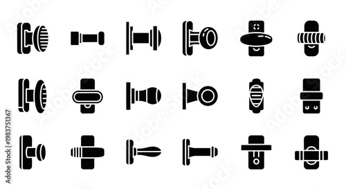 Industrial bolt and screw icons, black silhouette set, 16 mechanical fastener symbols, vector graphics