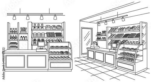 A minimalist line art illustration of a grocery store interior with shelves and checkout counters