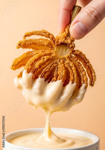 Onion bloom petal dipped in cheese sauce on pastel peach background, food photography for snack branding and casual food advertising