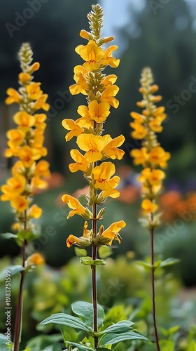 Golden Salvia flowers in full bloom stand tall in a lush, green garden setting