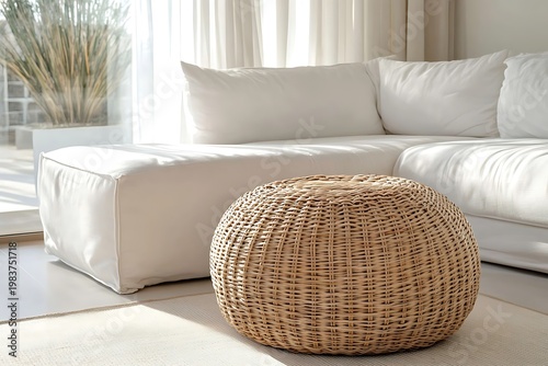 Interior showcases bright sunlight illuminating a round wicker ottoman beside a white couch