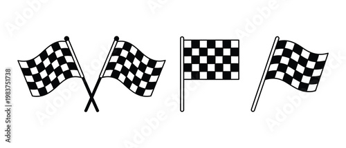 Racing flag icon vector set, checkered race flag symbols representing speed, motorsport competition, finish line, and victory for sports branding, events, UI design, and automotive graphics