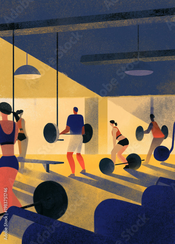 Strength training editorial illustration with focused group lifting heavy barbells in moody gym lighting