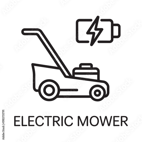 Simple line drawing depicts an electric lawn mower with a charging symbol