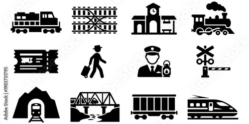 Collection of railway and train icons with station, rail crossing, tunnel, and cargo elements. Minimal flat vector perfect for apps and infographics.