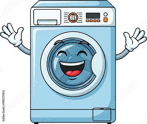 A cheerful animated washing machine featuring an expressive smiling face and inviting open arms symbolizes domestic bliss and the satisfaction of automated household chores. This delightful graphic br