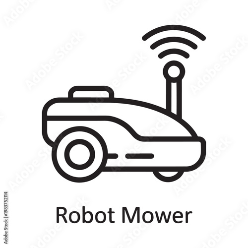 Simple line drawing depicts a robotic lawn mower with an antenna
