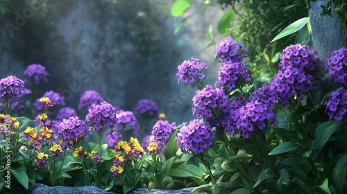 Lush purple and yellow flowers bloom profusely near the mossy stone wall outdoors