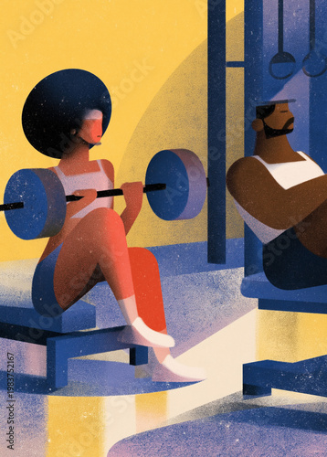 Fitness routine editorial illustration with focused couple doing strength and core training in gym