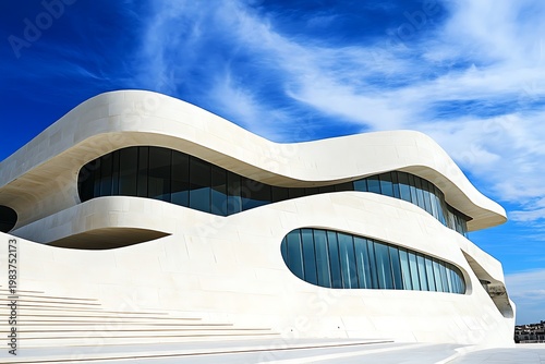 Modern white concrete building curves gracefully against the blue sky with wispy clouds above