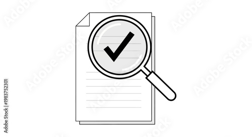 magnifying glass verifying a document with a checkmark symbolizing successful quality control thorough review and process completion.