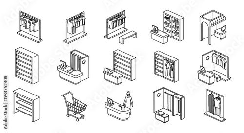 retail store shopping icons isometric line art illustrations of shop equipment clothing racks and checkout counters for e-commerce.