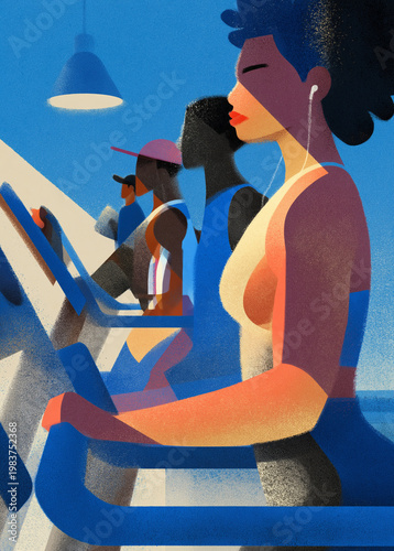 Fitness editorial illustration with energetic focused people running on treadmills in a modern gym