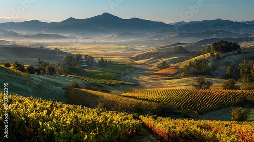 Rolling Vineyard Landscape at Sunrise with Distant Mountains