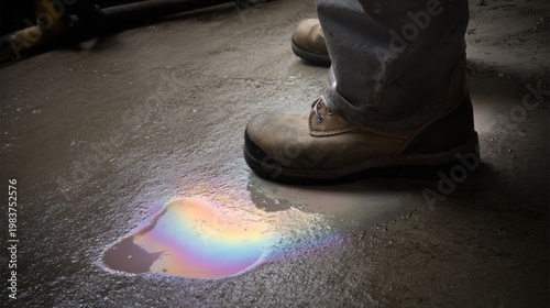 Close up of a dirty safety boot stepping into a shallow puddle of water and oil on a factory floor, iridescent oil slick