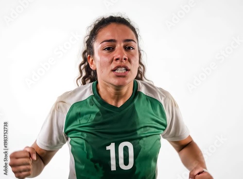 Woman athlete celebrating victory with clenched fists and joyful expression