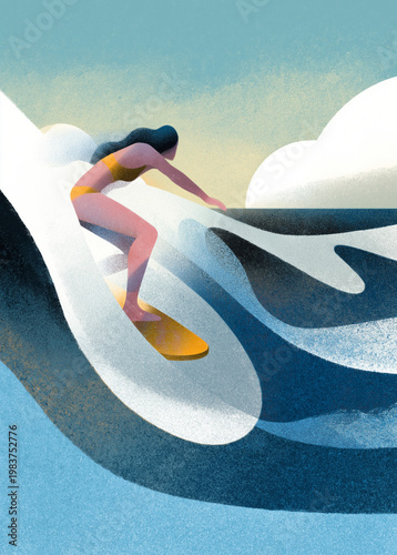 Active summer lifestyle editorial illustration with energetic woman surfing a stylised ocean wave in bright sunshine, risograph