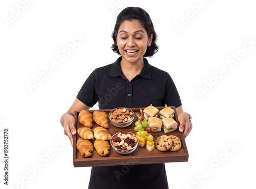 Smiling woman holding a tray of assorted snacks and appetizers