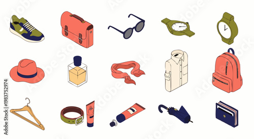 Isometric vector illustration set of modern personal accessories and fashion items. Includes shoes, bags, watches, hats, sunglasses, perfume, and more.