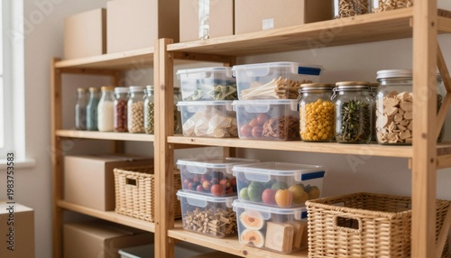 Neatly organized kitchen pantry with wooden shelves holding clear plastic containers, glass jars, wicker baskets and boxed storage filled with fruits, grains, nuts, and snacks