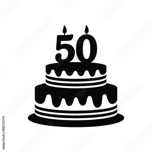 A black and white illustration of a two tiered birthday cake with candles