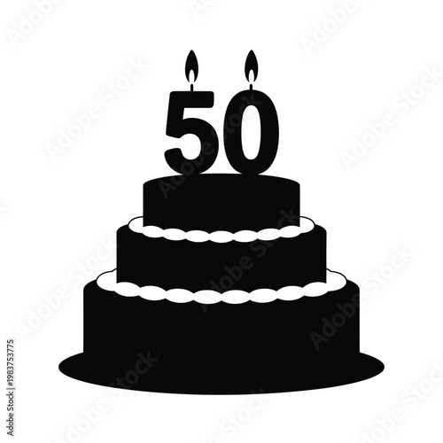 A simple black silhouette of a two tiered birthday cake with candles