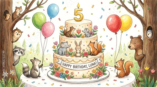 Whimsical Birthday Celebration with Cake and Adorable Forest Animals