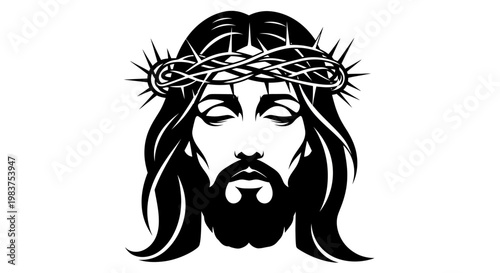 Foto Black and White Illustration of Jesus Christ with Crown of Thorns