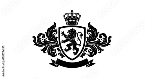 Black Lion Crest with Crown and Banner: Royal Emblem of Power and Heraldry