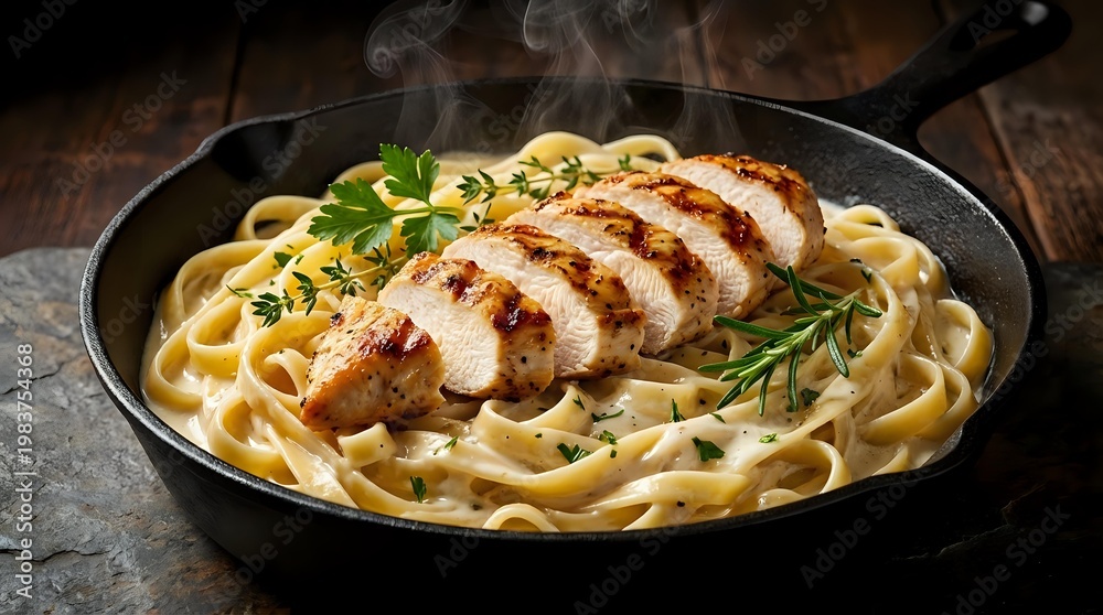 Fototapeta premium Grilled chicken breast sliced over creamy fettuccine pasta in cast iron skillet with fresh herbs and steam rising from hot meal on rustic wooden table.
