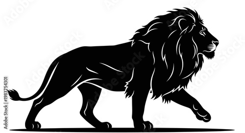 Black Lion Silhouette Walking with Majestic Mane and Tail - Vector Art