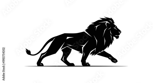 Black Lion Silhouette Walking With Majestic Mane, Symbol of Power