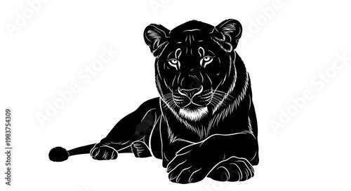 Black Lioness Silhouette Illustration, Majestic Feline Animal Resting Elegantly on White Background