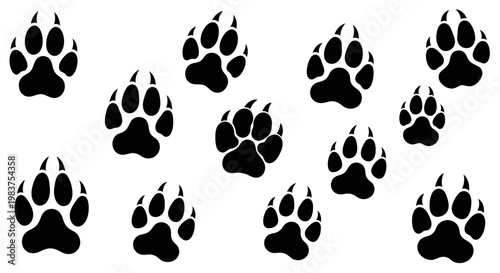 Black Paw Prints of Animals Scattered Across White Background Illustration