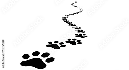 Black Paw Prints Trail Following a Curved Path on White Background