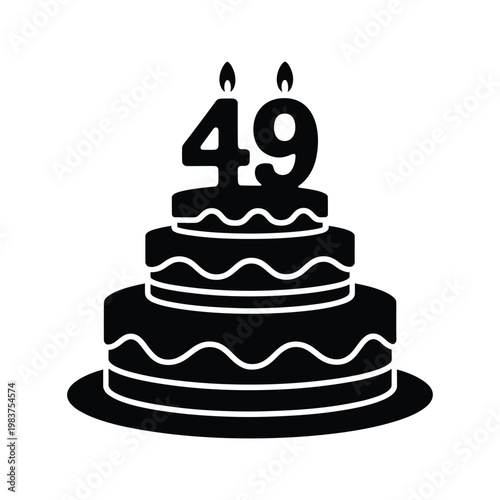 A black silhouette of a two tiered birthday cake with lit candles displaying 49