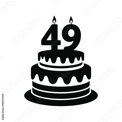 A black silhouette of a birthday cake with lit candles showing age 49