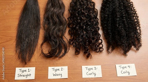 Different Hair Textures Displayed on Wooden Surface with Labels