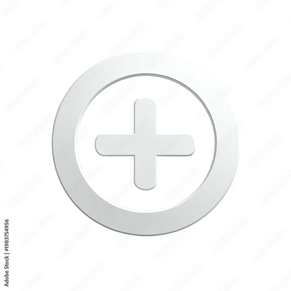Fototapeta premium White circular plus sign 3D render icon for addition or medical symbol on a black background; simple and modern graphic element