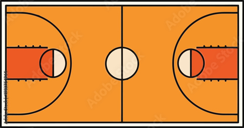 Top view of a professional basketball court with orange floor markings and white boundary lines
