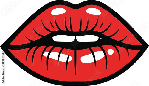 Pop Art Style Red Lips Illustration Isolated on White Background for Fashion and Beauty Design