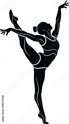 Black silhouette of a female gymnast performing a graceful balance pose on white background isolated