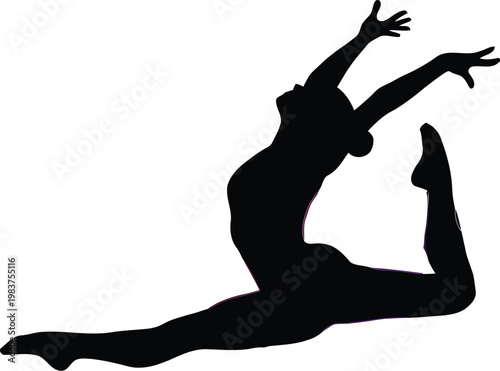 Black silhouette of a female gymnast performing an artistic jump isolated on white background design